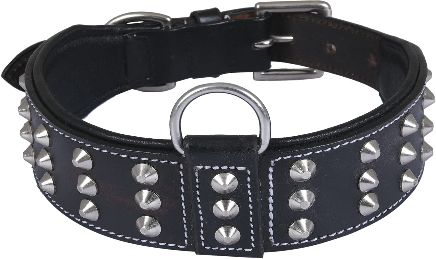 DowgClub | Genuine Leather Dog Collar with Riveted Spikes | Saddle Grade, Full Grain, Heavy Duty | Comfortable, Cushion Padding Inside, Strong | Best for Medium, Large, XL Breeds