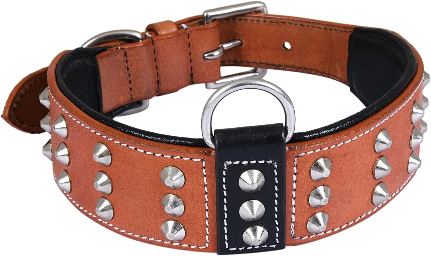 DowgClub | Genuine Leather Dog Collar with Riveted Spikes | Saddle Grade, Full Grain, Heavy Duty | Comfortable, Cushion Padding Inside, Strong | Best for Medium, Large, XL Breeds