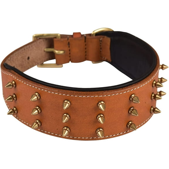 DowgClub | Genuine Leather Heavy Duty Spiked Dog Collar | Full Grain, Cushion Sheep napa padding Inside, Comfortable, Strong | Best for Medium, Large, X-Large Breeds | Cherry, Black, Pink, Tan |