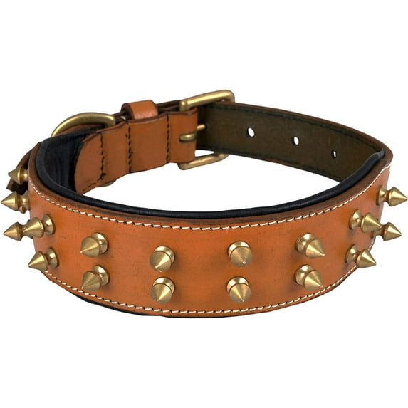 DowgClub | Genuine Leather Heavy Duty Spiked Dog Collar | Full Grain, Cushion Sheep napa padding Inside, Comfortable, Strong | Best for Medium, Large, X-Large Breeds | Cherry, Black, Pink, Tan |