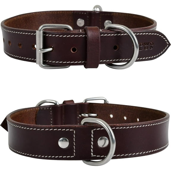 DowgClub Leather Dog Collar with Double D Rings - Handmade Full Grain Leather for Extra Large Dogs, Brown
