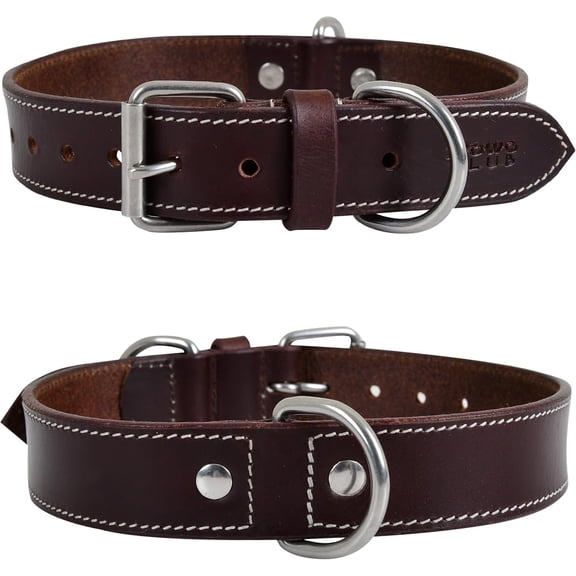 DowgClub Leather Dog Collar with Double D Rings - Handmade Full Grain Leather for Small Dogs, Brown