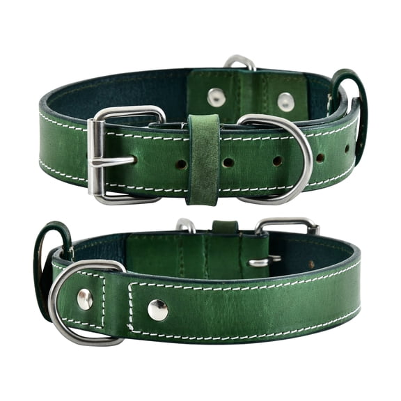 DowgClub Leather Dog Collar with Double D Rings - Handmade Full Grain Leather for Extra Large Dogs, Green