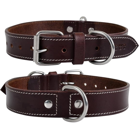 DowgClub Leather Dog Collar with Double D Rings - Handmade Full Grain Leather for Large Dogs, Brown