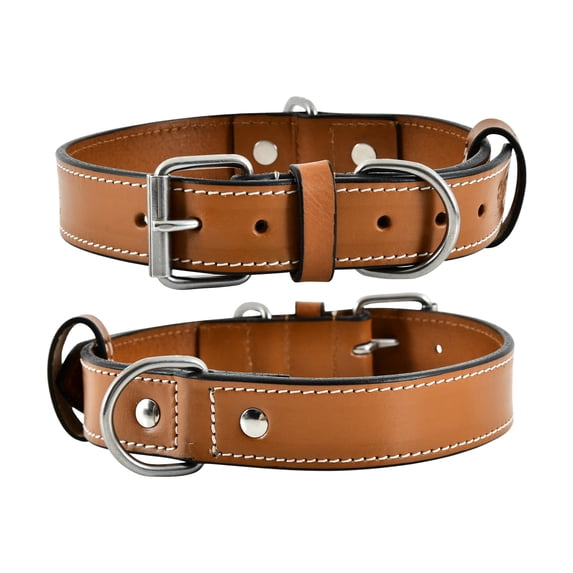 DowgClub Leather Dog Collar with Double D Rings - Handmade Full Grain Leather for Large Dogs, Tan