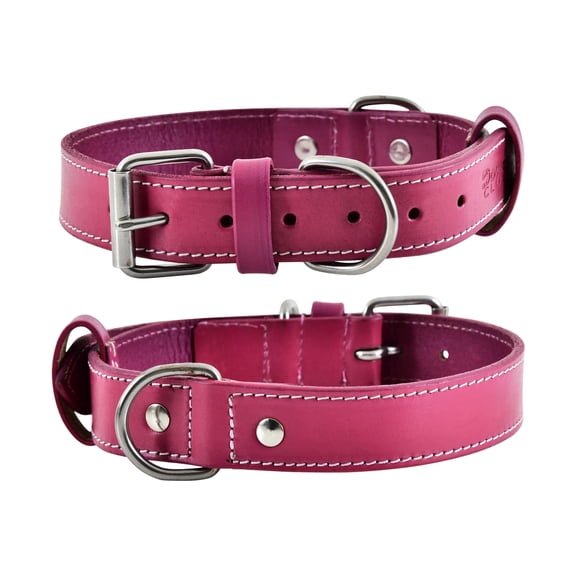 DowgClub Leather Dog Collar with Double D Rings - Handmade Full Grain Leather for Small Dogs, Pink