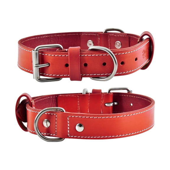 DowgClub Leather Dog Collar with Double D Rings - Handmade Full Grain Leather for Small Dogs, Red