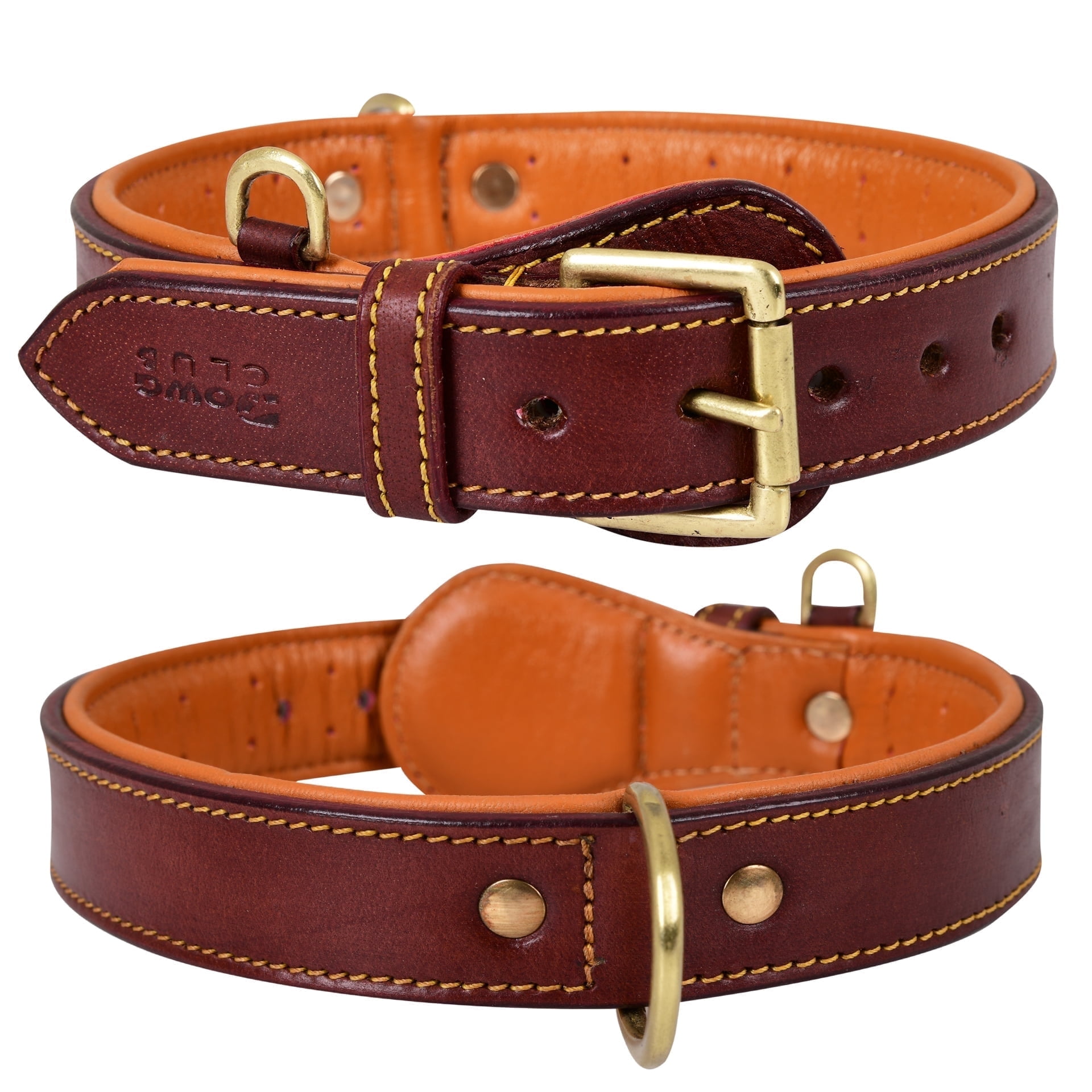 DowgClub Genuine Leather Dog Collar, Padded & Comfortable, Breathable Cushion, Heavy Duty, Handmade, Brown (Large)