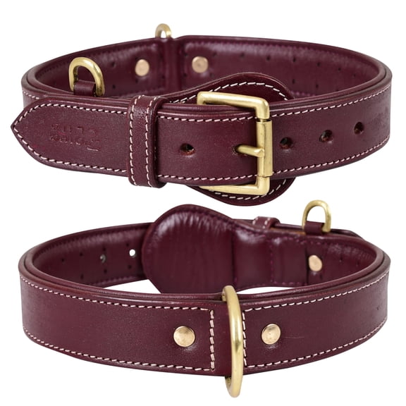 DowgClub Genuine Leather Dog Collar, Padded & Comfortable, Breathable Cushion, Heavy Duty, Handmade, Cherry (Small)