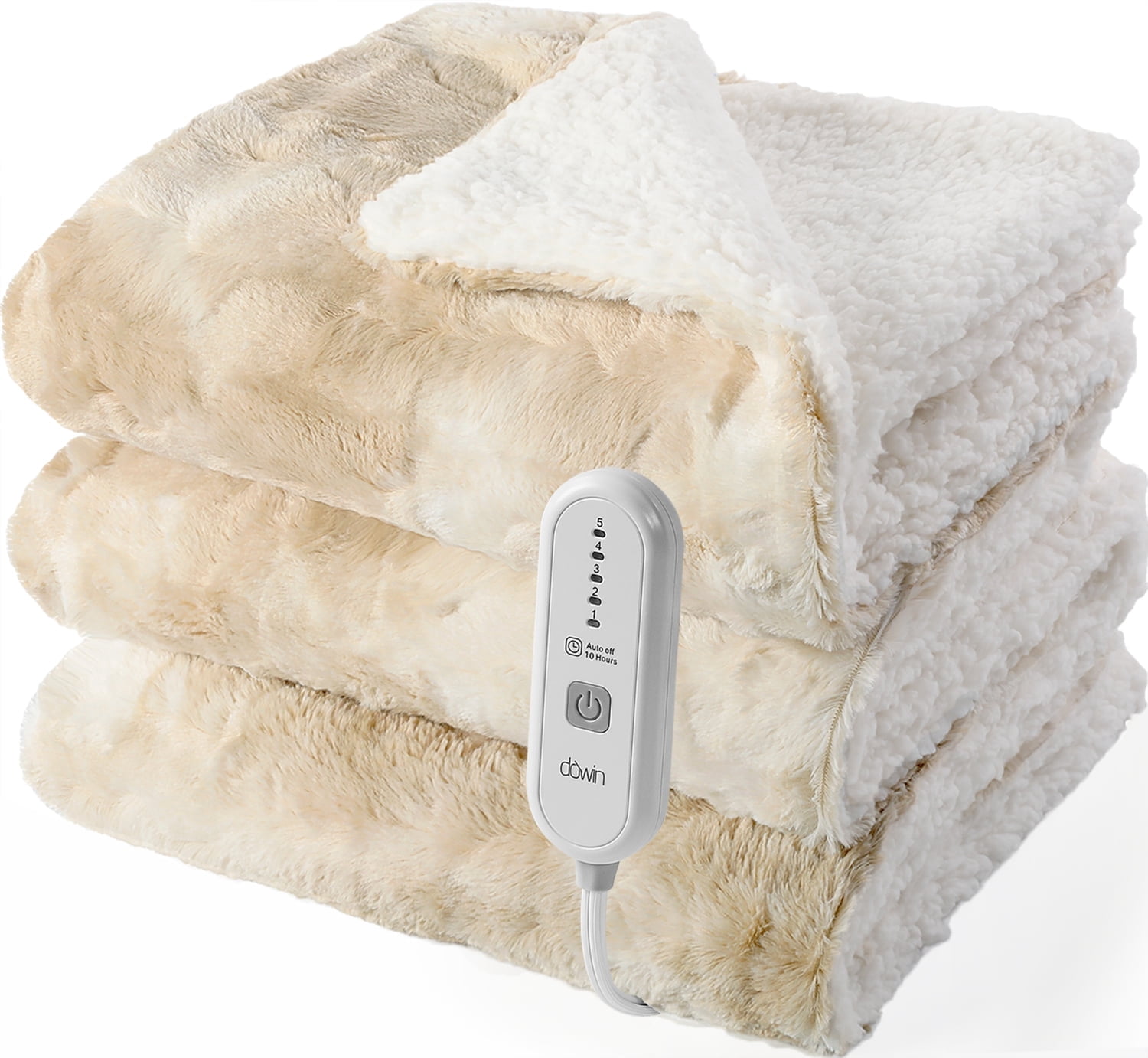Dowin Faux Fur Electric Blanket Full Size, Tie Dye Heated Blanket 72" x 84" with Single Controller, 5 Heating Levels & 10 Hrs Auto-off,Machine Washable,Beige