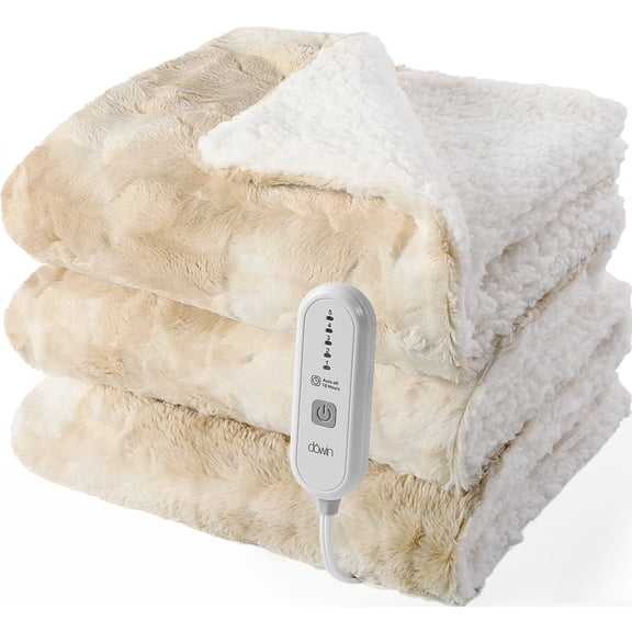 Dowin Faux Fur Electric Blanket Full Size, Tie Dye Heated Blanket 72" x 84" with Single Controller, 5 Heating Levels & 10 Hrs Auto-off,Machine Washable,Beige