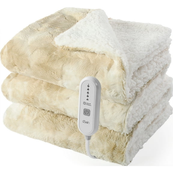 Dowin Electric Blanket Full Size, Faux Fur Heated Blanket 72" x 84", Large Heating Blanket with Single Controller, 5 Heating Levels & 10 Hrs Auto-off,Machine Washable,Cream