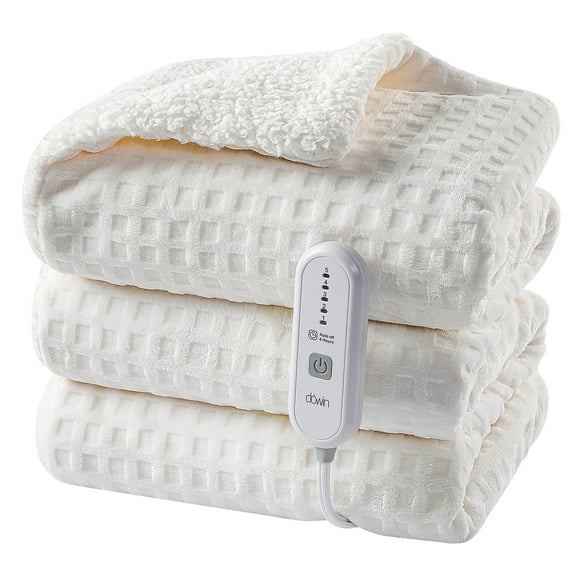 Dowin Electric Blanket Full Size - Heated Waffle Fleece Heating Warming Blankets with Auto Shut off for Couch Office Chair Bed Adults Fuzzy Cozy Machine Washable 72x84 Beige