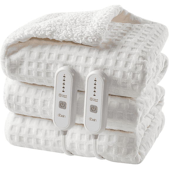 Dowin Electric Blanket King Size - Waffle Heated Blanket with Dual Control, 5 Heating Levels, 10 Hrs Auto Off, Sherpa Fleece Warming Blanket for Bed, Machine Washable, 90x100 Beige