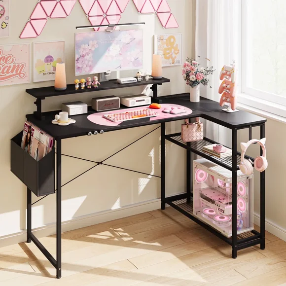 Dowinx 43" L-Shaped Gaming Desk Cute with Cat Accessories, Corner Desk with Power Outlet & Monitor Shelf for Adult and Girl, Black&Pink