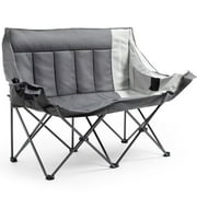 Dowinx Double Camping Chair Loveseat, Portable Folding Outdoor Lawn Chair with Padded Seats, Armrests, Side Pockets, 440lbs Capacity for Beach, Patio, Picnic - Gray PRO