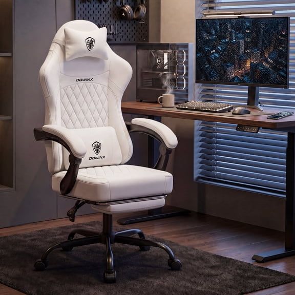 Dowinx Ergonomic Gaming Chair,Adjustable Recline Computer Chair With Linkage Armrest,Breathable Leather Office Chair With High-Density Foam & Pocket Spring,Desk Chair for Adult,White