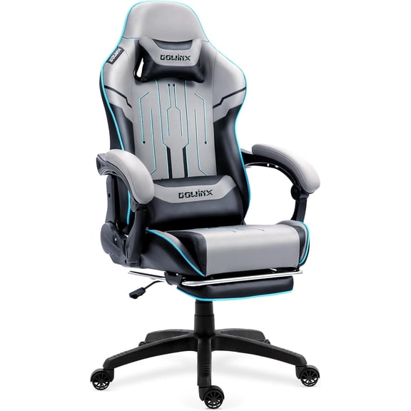 Dowinx Ergonomic Gaming Chair with Footrest, Reclining Gamer Chair for Adults, High Back Computer Office Chair with Lumbar Support & Linkage Armrests,Grey