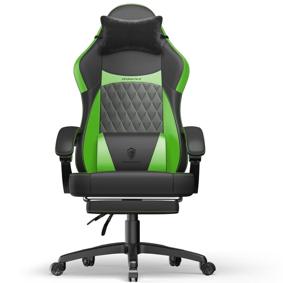 Dowinx Ergonomic Gaming Chair with Pocket Spring Cushion & Massage Lumbar Support - High Back Office Computer Chair with Footrest for Adults, 300LBS Capacity, Leather Design, Black and Green