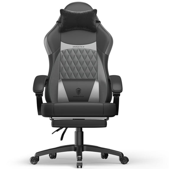 Dowinx Ergonomic Gaming Chair with Pocket Spring Cushion & Massage Lumbar Support - High Back Office Computer Chair with Footrest for Adults, 300LBS Capacity, Leather Design, Black and Grey