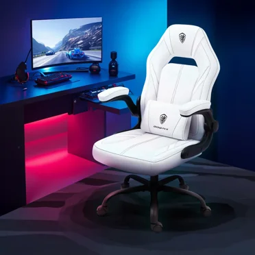 Dowinx Ergonomic Gaming Office Chair – Breathable PU Leather with Pocket Spring Cushion, Adjustable Swivel Task Chair with Lumbar Massage Support，White