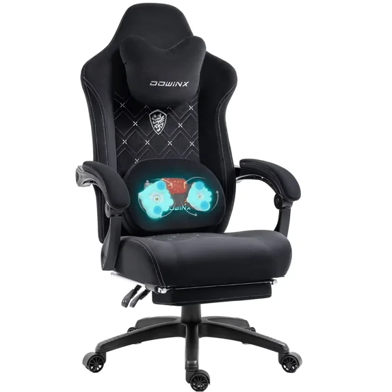 GOOSEA Fabric Gaming Chair with Heated Massage Lumbar Support, Big and Tall Game Chair for Adults, High Back PC Chair with Pocket Spring Cushion and Footrest, Black
