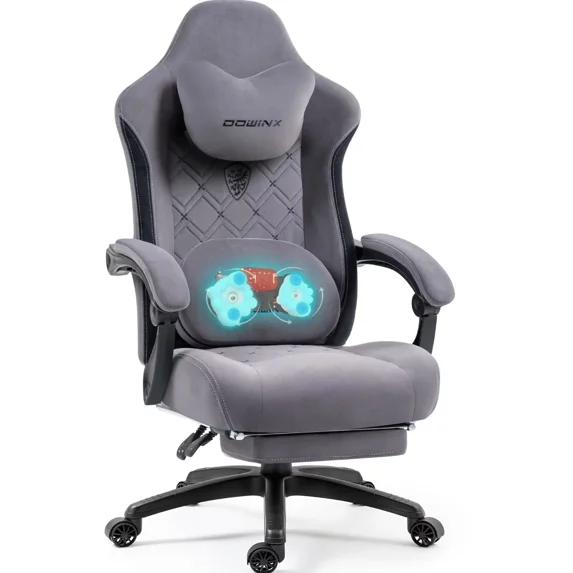 GOOSEA Fabric Gaming Chair with Heated Massage Lumbar Support, Big and Tall Game Chair for Adults, High Back PC Chair with Pocket Spring Cushion and Footrest, Grey
