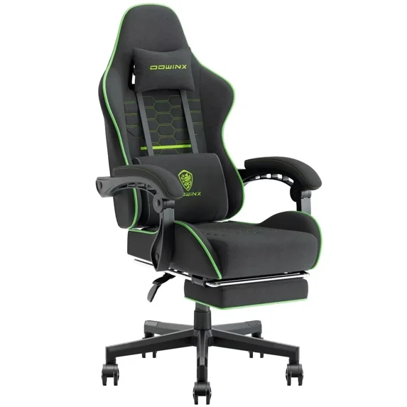 Dowinx Fabric Gaming Chair with Pocket Spring Cushion, Ergonomic Computer Chair with Footrest, Cloth Gamer Chair with Massage Lumbar Support and Headrest, Black and Green