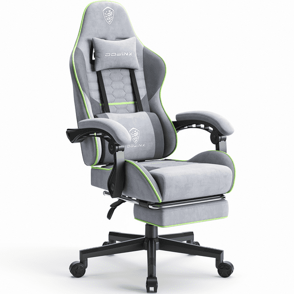 Dowinx Fabric Gaming Chair with Pocket Spring Cushion, Ergonomic Computer Chair with Footrest, Cloth Gamer Chair with Massage Lumbar Support and Headrest, Light Grey