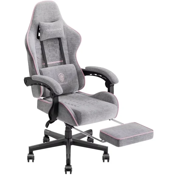 Dowinx Fabric Gaming Chair with Pocket Spring Cushion, Ergonomic Computer Chair with Footrest, Cloth Gamer Chair with Massage Lumbar Support and Headrest, Pink and Grey