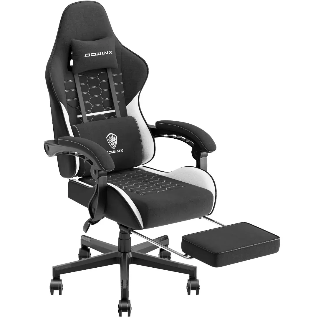 Black and White Ergonomic Gaming Chair with Footrest and Massage