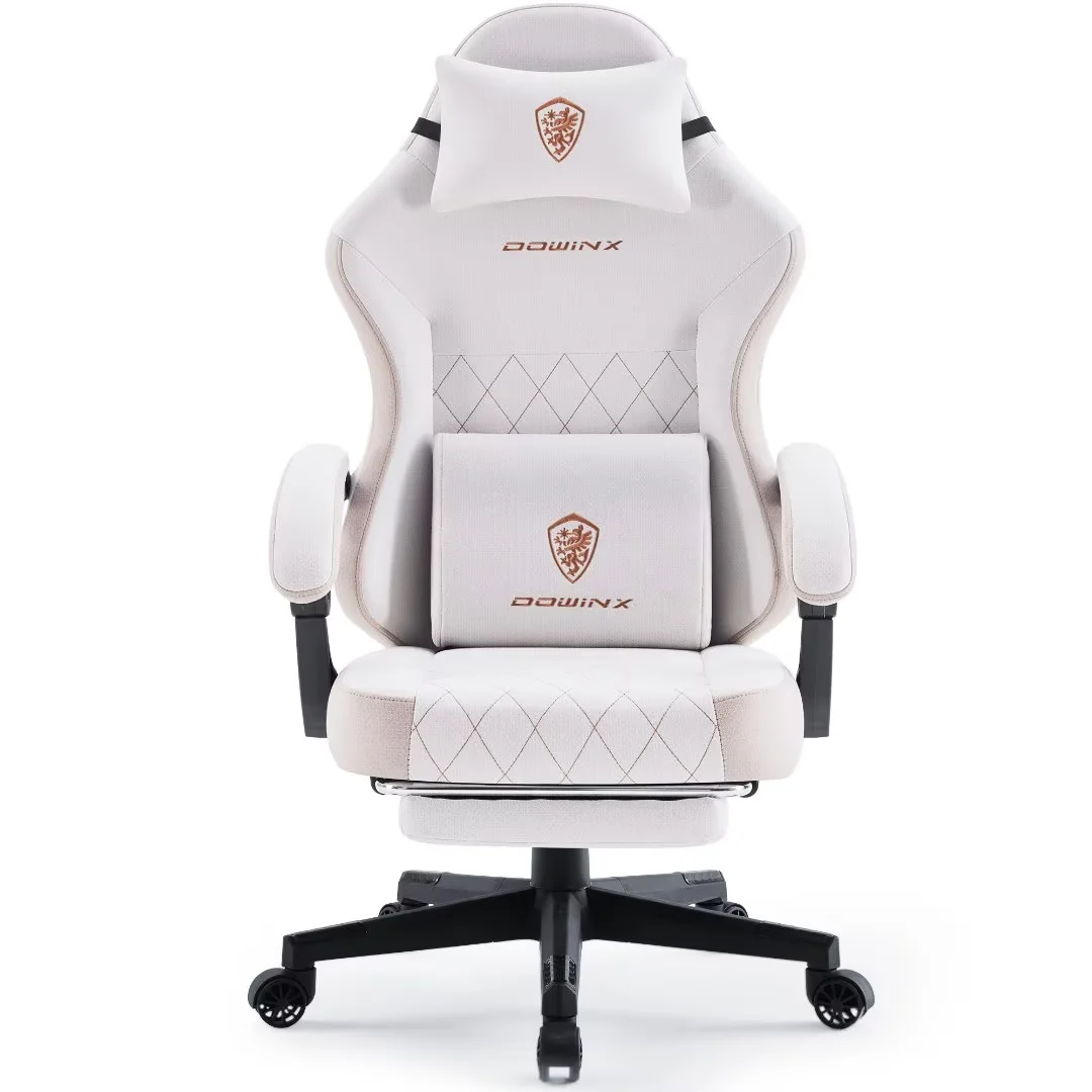 Dowinx Fabric Gaming Chair with Massage Lumbar Support, High Back Ergonomic Computer Chair with Footrest for Adult, Beige