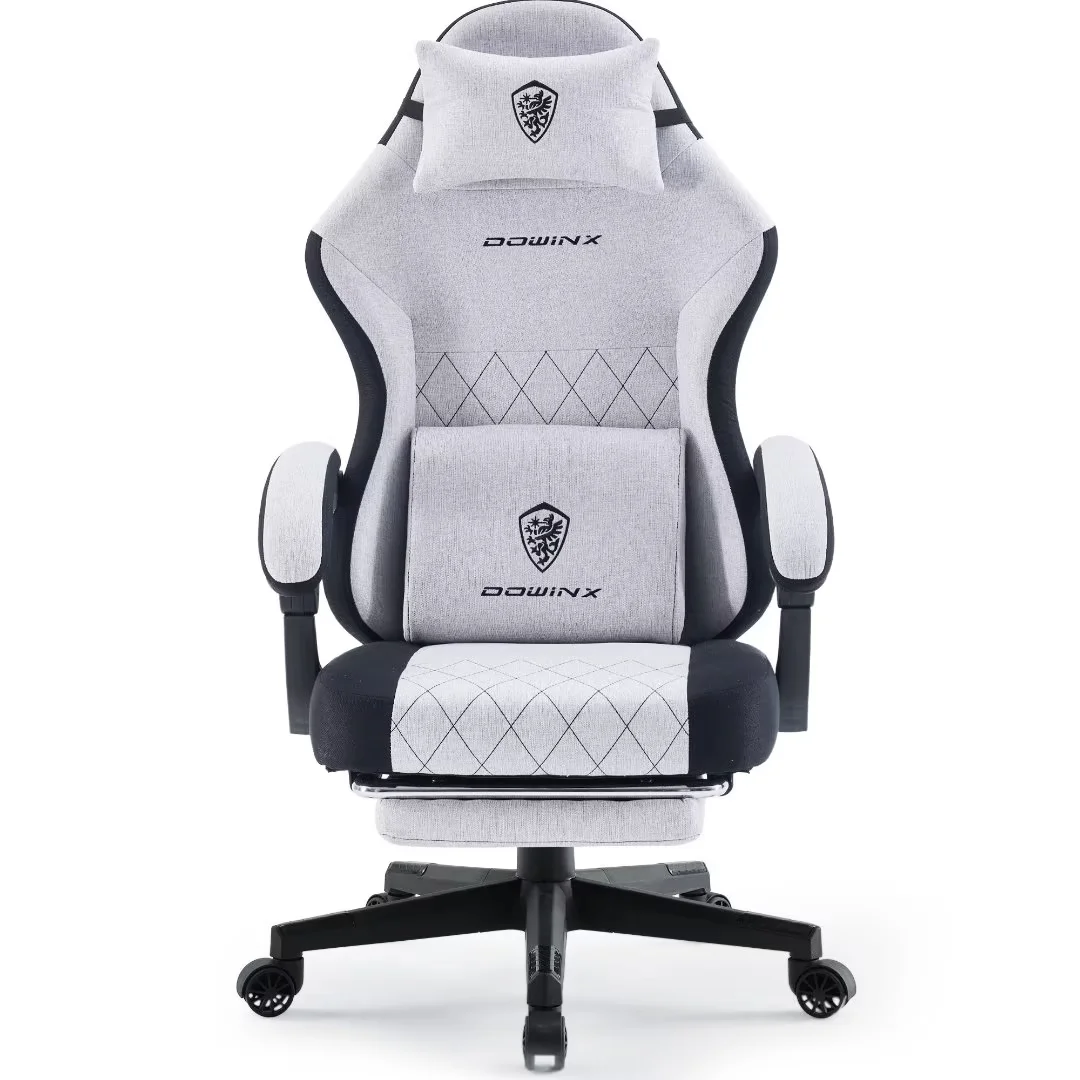 Dowinx Fabric Gaming Chair with Massage Lumbar Support, High Back Ergonomic Computer Chair with Footrest for Adult, Grey