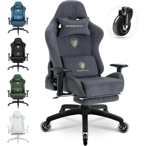 Dowinx Gaming Chair,Breathable Suede Fabric Game Chair with 3D Armrest and PU Wheels,Big and Tall Gaming Chair with Massage Lumbar Support,Ergonomic Computer Chair with Footrest,Grey
