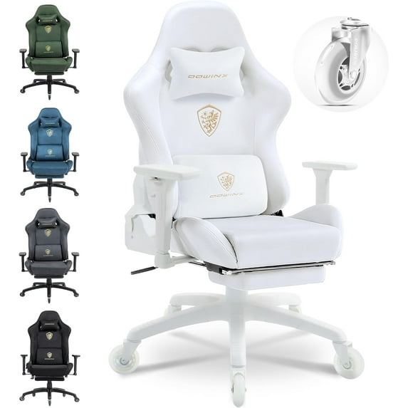 Dowinx Gaming Chair,Breathable Suede Fabric Game Chair with 3D Armrest and PU Wheels,Big and Tall Gaming Chair with Massage Lumbar Support,Ergonomic Computer Chair with Footrest,White
