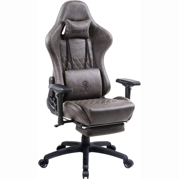Dowinx Gaming Chair Ergonomic Computer Chair Office PU Leather with Massage Adjustable Armrest Footrest Brown