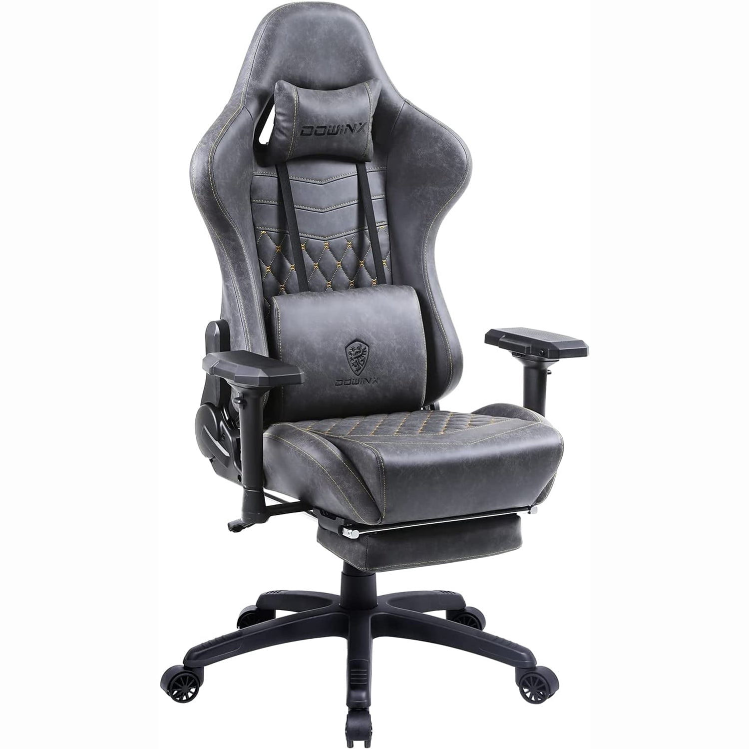 Dowinx Grey PU Leather Gaming Chair, Ergonomic Reclining, Swivel 