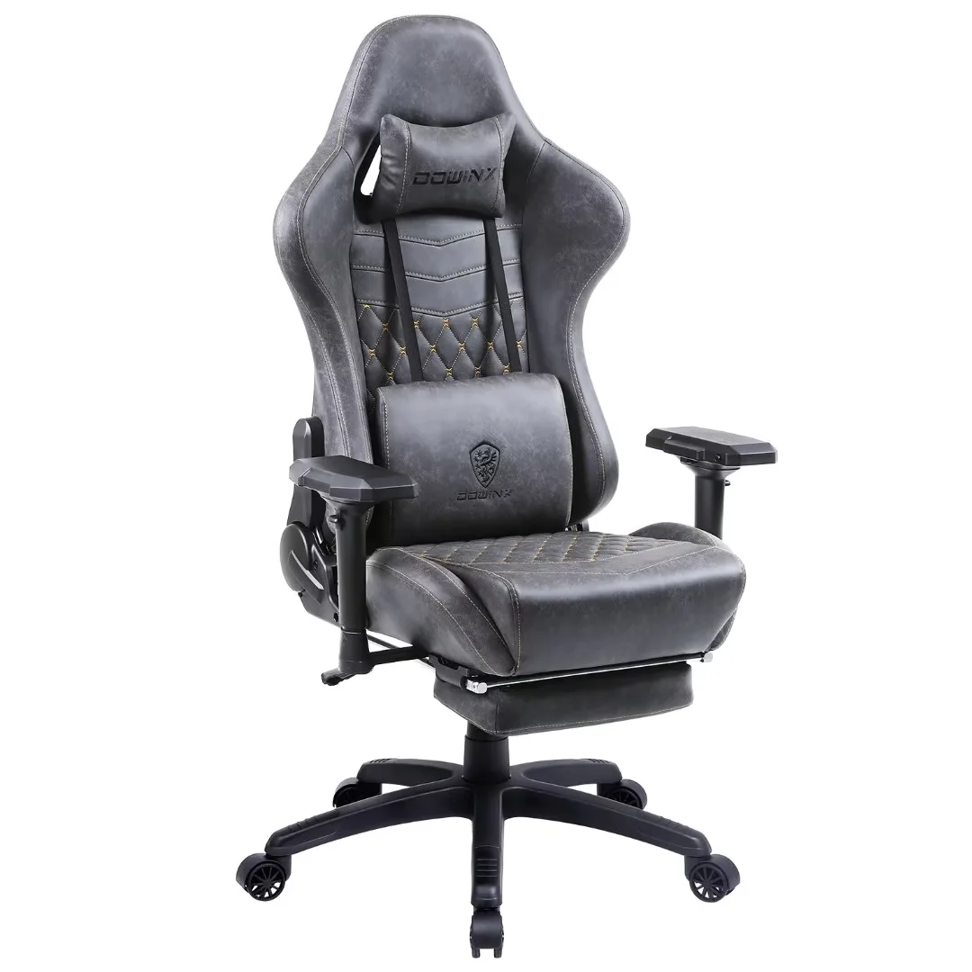 Gray PU Leather Ergonomic Gaming Chair with 4D Armrests and Footrest