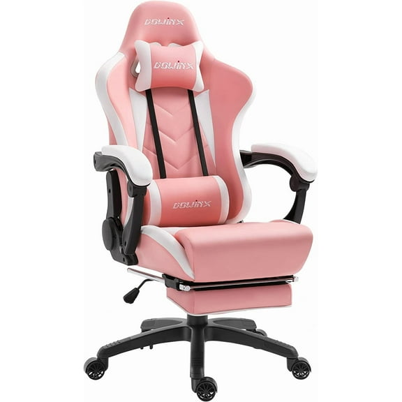 Dowinx Gaming Chair Ergonomic Racing Style Recliner with Massage Lumbar Support, Office Armchair for Computer PU Leather E-Sports Gamer Chairs with Footrest, Pink&White