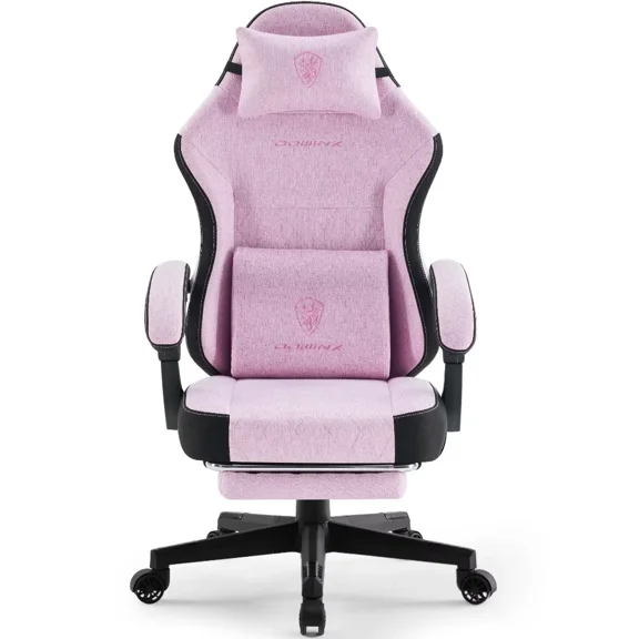Dowinx Fabric Gaming Chair with Massage Lumbar Support, High Back Ergonomic Computer Chair with Footrest for Adult, Pink