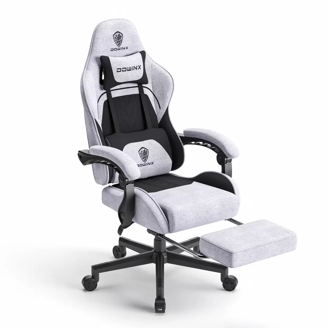 Light Grey Fabric Gaming Chair with Footrest and Massage Support