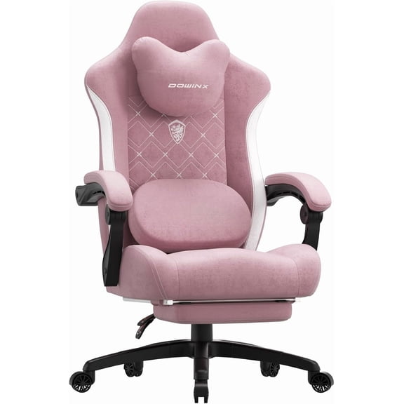 Dowinx Gaming Chair with Heated Massage Lumbar Support,Big and Tall Fabric Gaming Chairs for Adults with Footrest, Ergonomic Computer Game Chair with Poket Spring Cushions, 350lbs, Pink