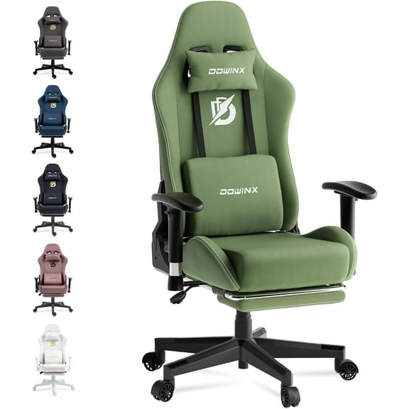 Dowinx Gaming Chair with Massage Lumbar Support, Breathable Fabric Ergonomic Computer Chair with Footrest for Adults, High Back Reclining Game Chair for Office Gaming, Green