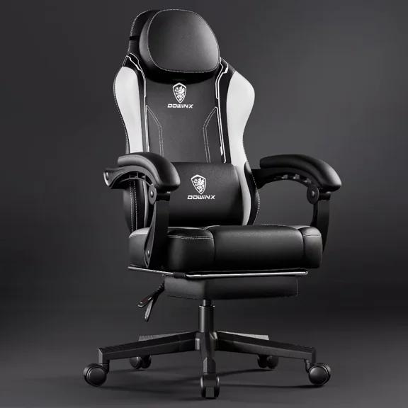 Dowinx Gaming Chair with Pocket Spring Cushion for Adults, Ergonomic Computer Chair with Footrest and Massage Lumbar Support for Office, Gaming, 300LBS, White