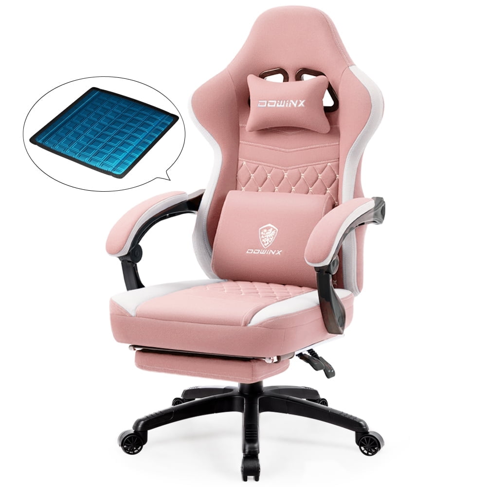 Pink Fabric Ergonomic Gaming Chair with Massage Lumbar Support and Footrest