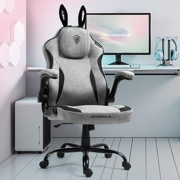 Dowinx Gaming Chair with Removable Cute Bunny Ears, Desk Game Chair Adiustable Height Cloth for Girl, Ergonomic Computer Chair for Adult, Teen, Executive Design for Home and Office, Grey