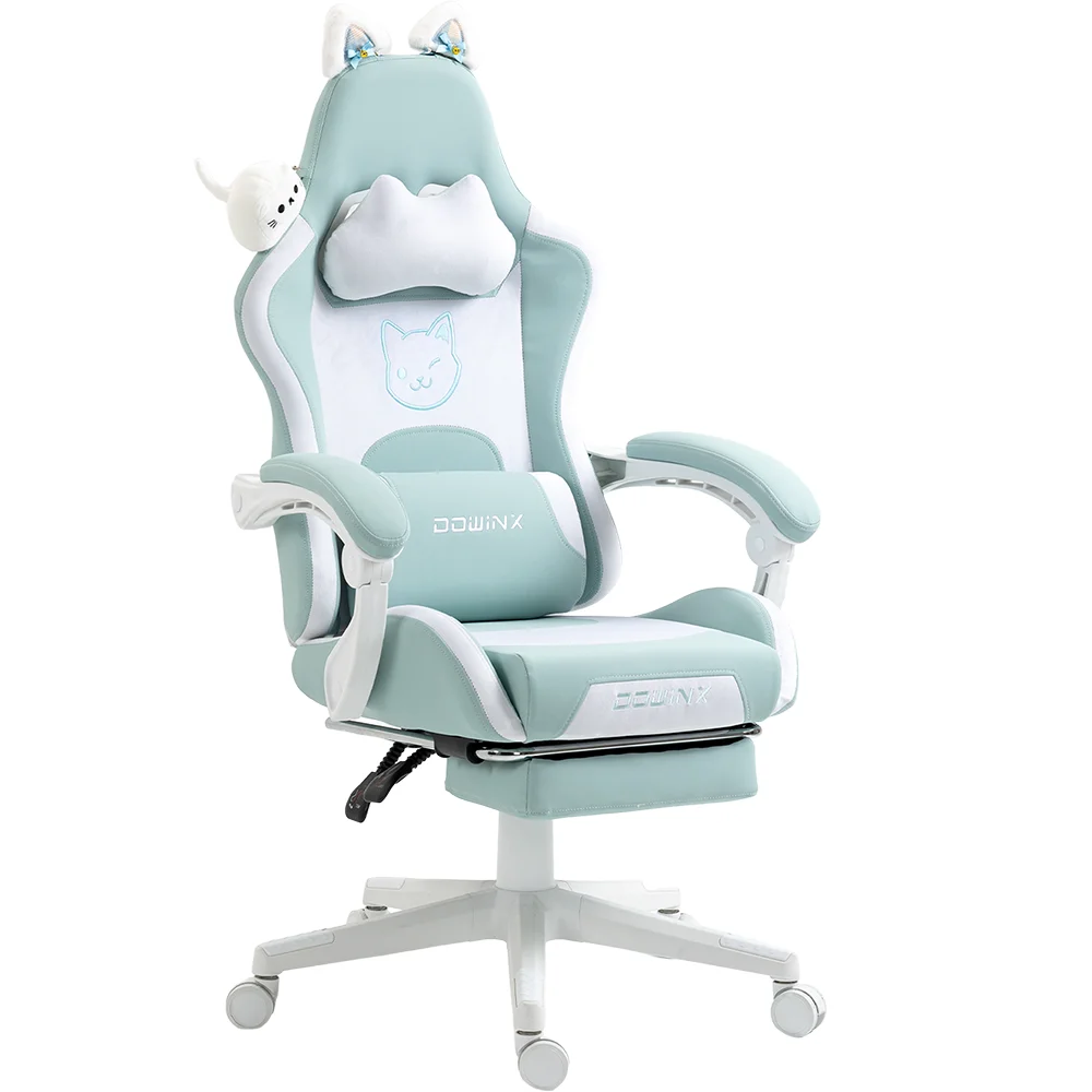 GOOSEA Gaming Chair with Cat Ears, Massage Lumbar & Footrest - Ergonomic Reclining Computer Chair for Girls, 290LBS, Green