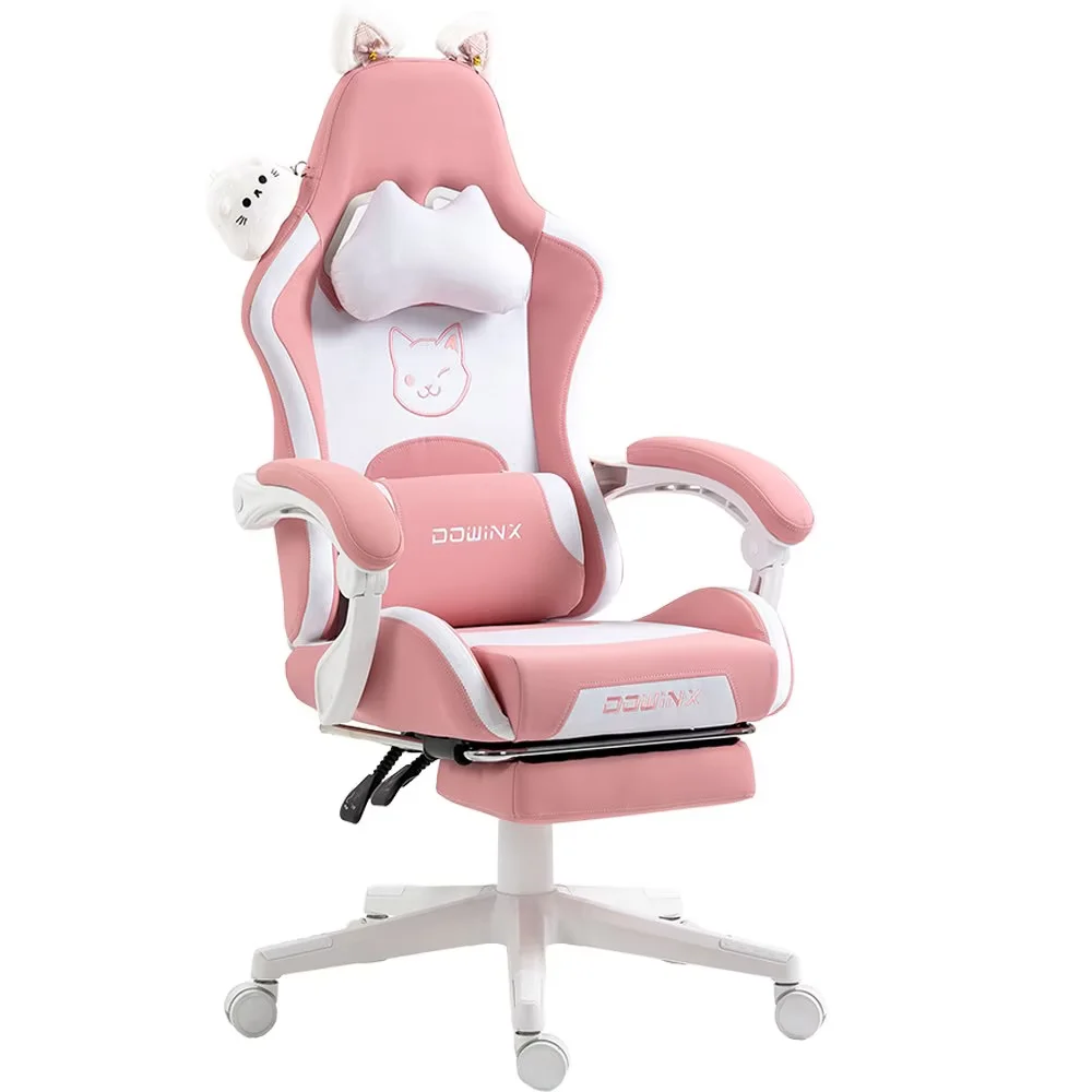 KARXAS Adult Cat Leather PC Gaming Chair with Massage Lumbar and Footrest,  Pink