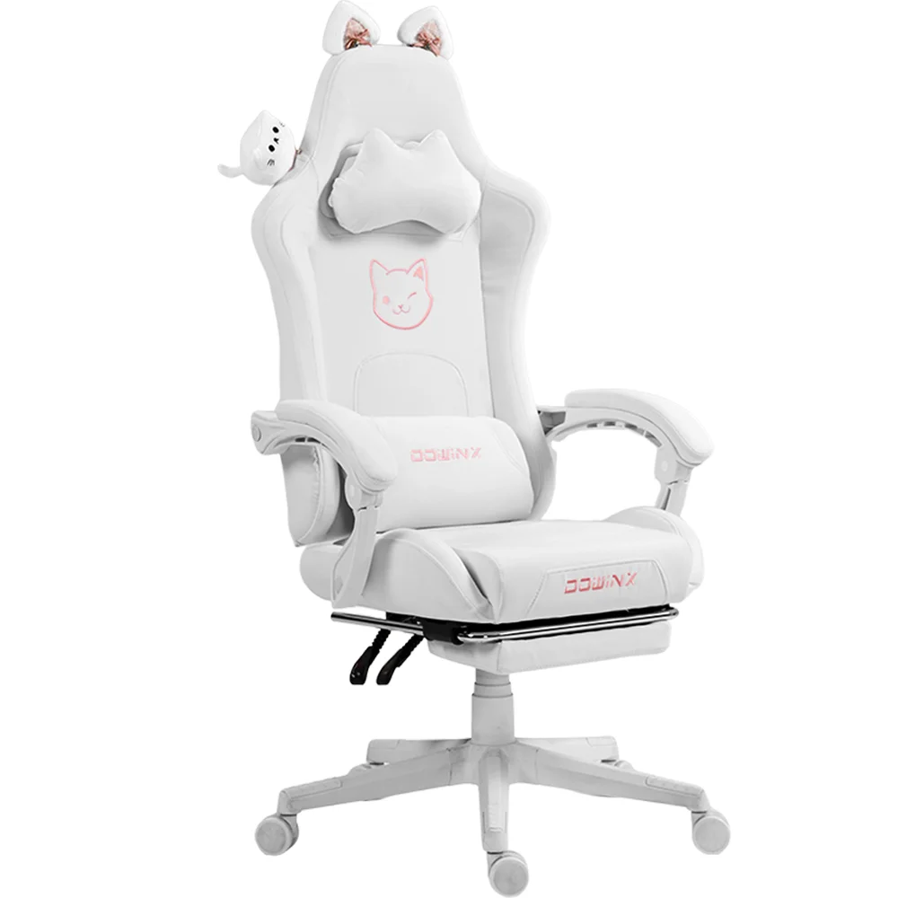 KARXAS Adult Cat Leather PC Gaming Chair with Massage Lumbar and Footrest, White