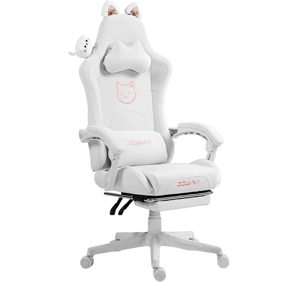 Dowinx Gaming Chair with Cat Ears, Massage Lumbar & Footrest - Ergonomic Reclining Computer Chair for Girls, 290LBS, White
